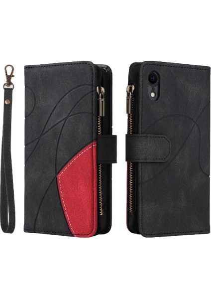 IPhone Xr Iki Renkli Dikiş Fermuar Cüzdan Tarzı Kickstand ile Kılıf (Yurt Dışından)