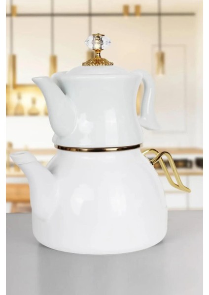 Dufy Serisi Porselen Demlikli Emaye Çaydanlık Takımı - Beyaz