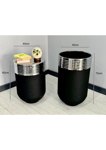 Elegant Dekoratif Krom Darbuka Siyah Saksı 70CM + Sehpa 60CM Ikili Set fiyatları