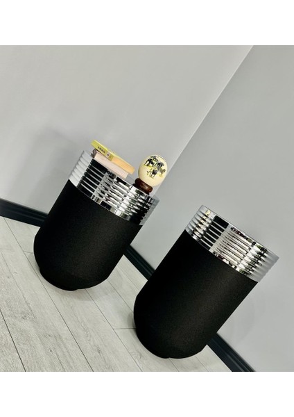 Elegant Dekoratif Krom Darbuka Siyah Saksı 70CM + Sehpa 60CM Ikili Set modelleri