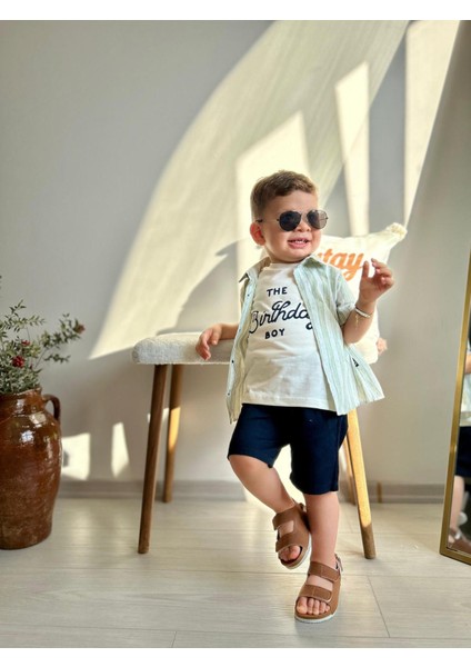 Çizgili Gömlekli Yazlık Erkek Çocuk 3 lü takım - Yeşil