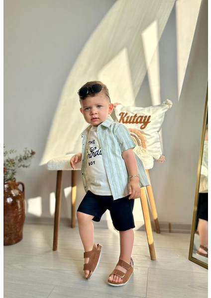 Çizgili Gömlekli Yazlık Erkek Çocuk 3 lü takım - Yeşil fiyatları