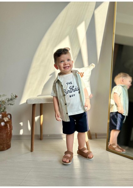Çizgili Gömlekli Yazlık Erkek Çocuk 3 lü takım - Yeşil modelleri