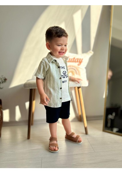 Çizgili Gömlekli Yazlık Erkek Çocuk 3 lü takım - Yeşil fırsatları