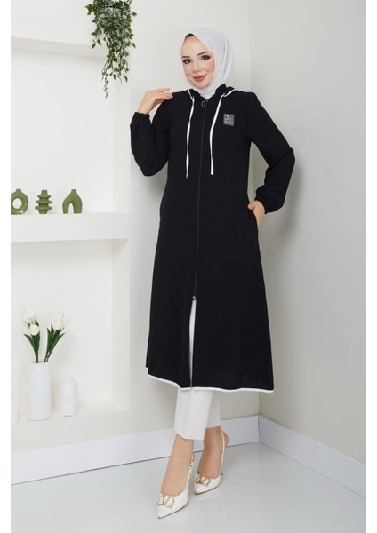 Bige Kadın Krep Kapüşonlu Fermuarlı Cepli Ara Boy Kap