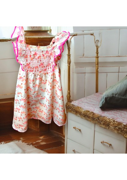 Lolli Boom Kids Kız Çocuk Fırfır Kol Flamingo Desen Askılı Elbise Pembe Beyaz Renk