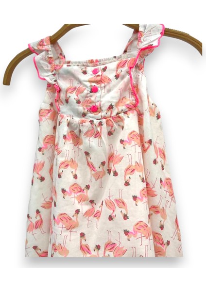 Lolli Boom Kids Kız Çocuk Fırfır Kol Flamingo Desen Askılı Elbise Pembe Beyaz Renk
