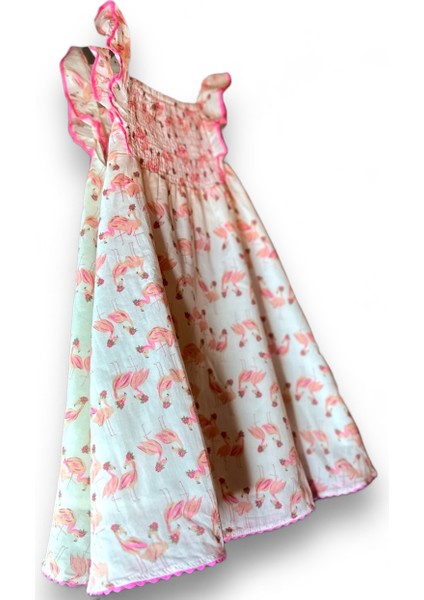 Lolli Boom Kids Kız Çocuk Fırfır Kol Flamingo Desen Askılı Elbise Pembe Beyaz Renk