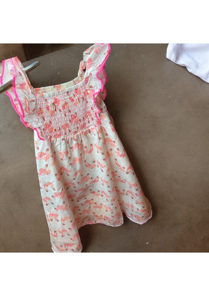 Lolli Boom Kids Kız Çocuk Fırfır Kol Flamingo Desen Askılı Elbise Pembe Beyaz Renk