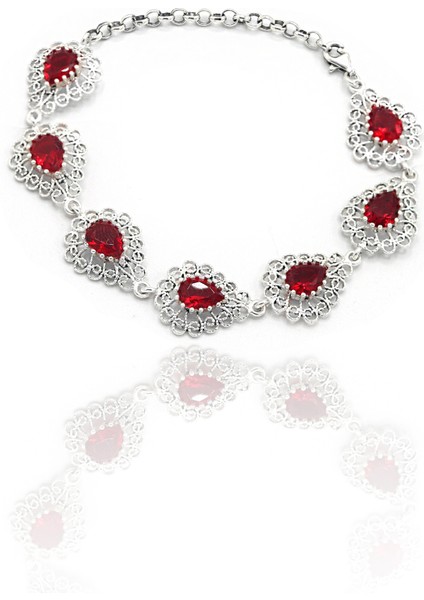 Yakut Taşlı Damla Model 925 Ayar Gümüş Telkari Bileklik 201023140