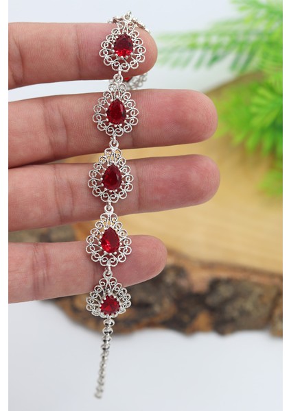 Yakut Taşlı Damla Model 925 Ayar Gümüş Telkari Bileklik 201023140 modelleri