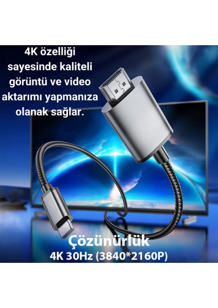2 Metre 60Hz 4K Type C To HDMI Görüntü Aktarım Kablosu, Type To Hdmi Çevirici Adaptör
