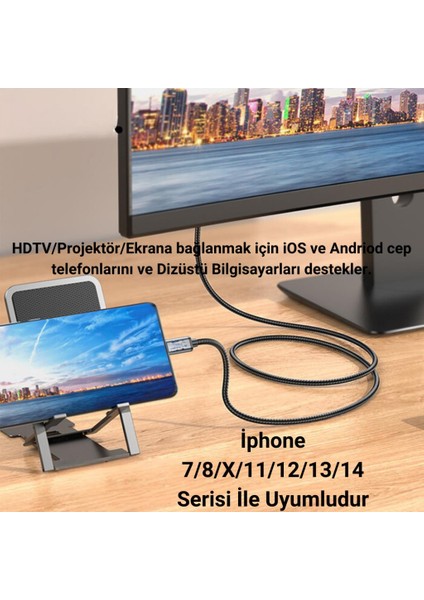 2 Metre 60Hz 4K Iphone Lightning To HDMI Görüntü Aktarım Kablosu, Iphone 7/8/x/11/12/13/14 Serisi Ile Uyumulu