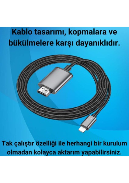 2 Metre 60Hz 4K Iphone Lightning To HDMI Görüntü Aktarım Kablosu, Iphone 7/8/x/11/12/13/14 Serisi Ile Uyumulu