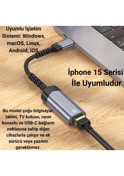 15CM Type C Kablolu 1000 Mbps Type-C To RJ45 Dönüştürücü, Telefon, Tablet, Pc Ethernet Lan Port Adaptör