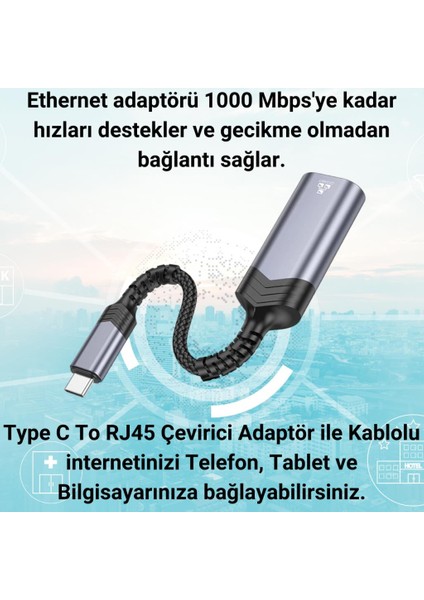 15CM Type C Kablolu 1000 Mbps Type-C To RJ45 Dönüştürücü, Telefon, Tablet, Pc Ethernet Lan Port Adaptör