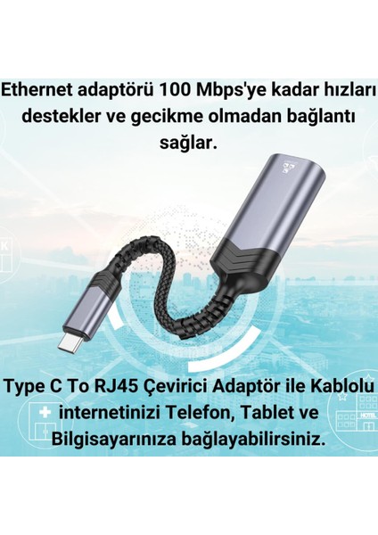 15CM Type C Kablolu 100 Mbps Type-C To RJ45 Dönüştürücü, Telefon, Tablet, Pc Ethernet Lan Port Adaptör