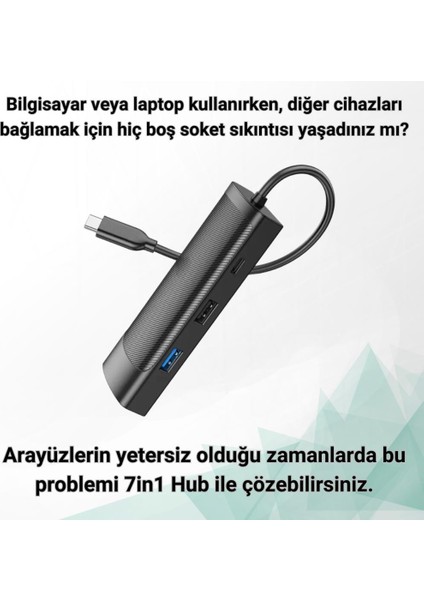 100W 7in1 Type-C Çoğaltıcı Adaptör Hub, 1x 4K Hdmi/2x Pd Type C,/1x RJ45 Port,/2x Usb/1x Sd/tf Çoğaltıcı Adaptör