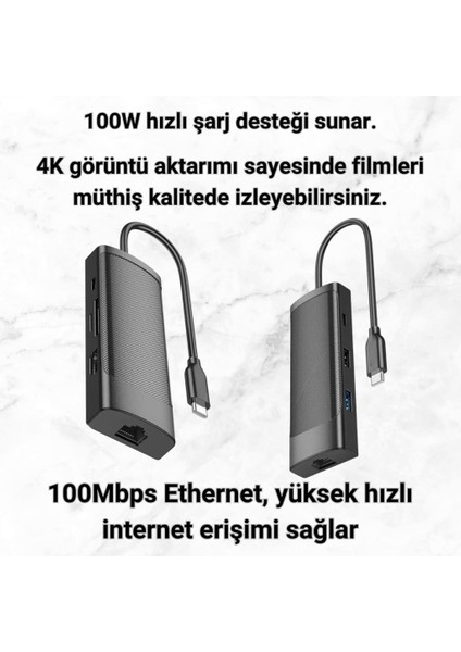 100W 7in1 Type-C Çoğaltıcı Adaptör Hub, 1x 4K Hdmi/2x Pd Type C,/1x RJ45 Port,/2x Usb/1x Sd/tf Çoğaltıcı Adaptör