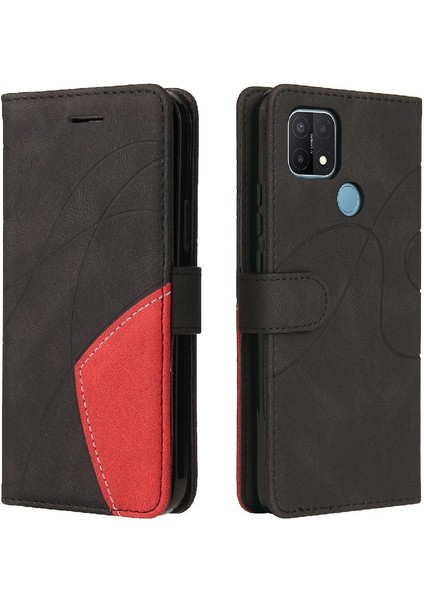 Oppo A15 Iki Renkli Dikiş Kickstand Koruyucu Pu Deri Flip Için Kılıf (Yurt Dışından)
