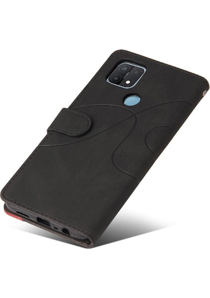 Oppo A15 Iki Renkli Dikiş Kickstand Koruyucu Pu Deri Flip Için Kılıf (Yurt Dışından)