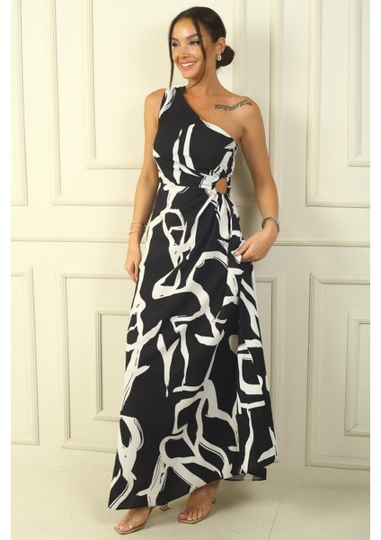 Tek Omuz Yandan Pencereli Karışık Desen Uzun Krep Saten Elbise