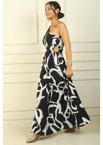 Tek Omuz Yandan Pencereli Karışık Desen Uzun Krep Saten Elbise fiyatları