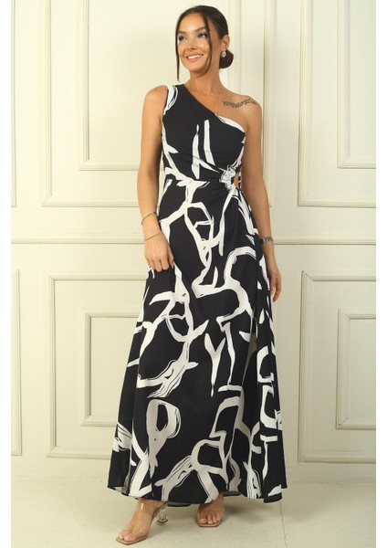 Tek Omuz Yandan Pencereli Karışık Desen Uzun Krep Saten Elbise modelleri