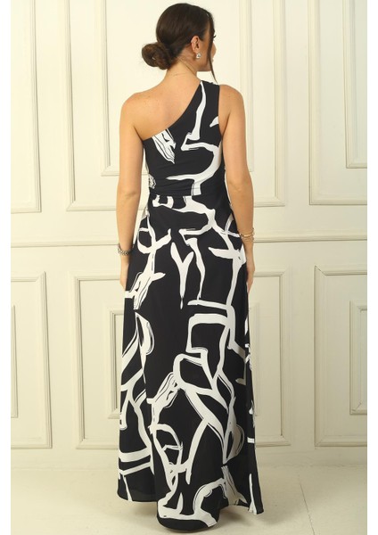 Tek Omuz Yandan Pencereli Karışık Desen Uzun Krep Saten Elbise fırsatları