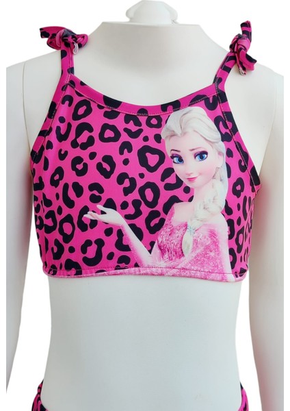 Pembe Kız Çocuk Leopar Desenli Plaj Çantalı Bikini Kız Çocuk Pembe Çantalı Bikini