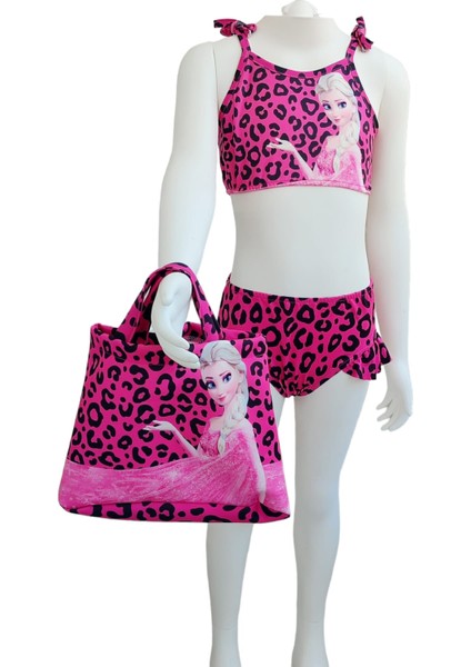 Pembe Kız Çocuk Leopar Desenli Plaj Çantalı Bikini Kız Çocuk Pembe Çantalı Bikini
