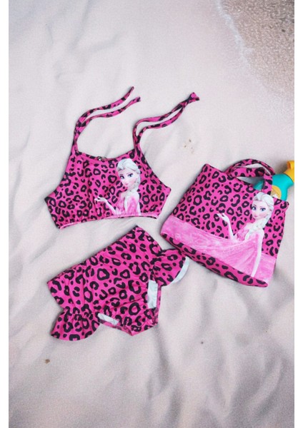 Pembe Kız Çocuk Leopar Desenli Plaj Çantalı Bikini Kız Çocuk Pembe Çantalı Bikini