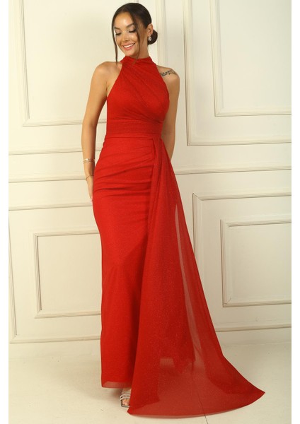 Boyunlu Eteği Mendilli Astarlı Simli Uzun Abiye Elbise modelleri