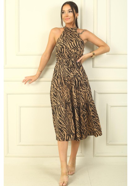 Halter Yaka Beli Kuşaklı Zebra Desenli Viskon Elbise fiyatları