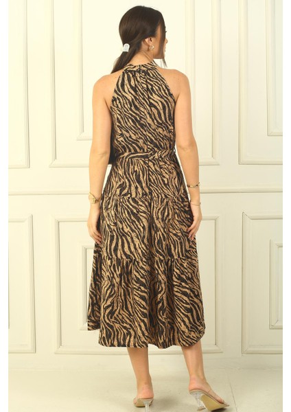 Halter Yaka Beli Kuşaklı Zebra Desenli Viskon Elbise fırsatları