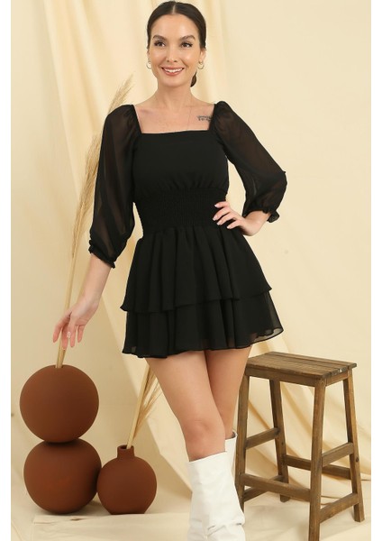 Kare Yaka Beli Gipeli Astarlı Kat Kat Şifon Elbise