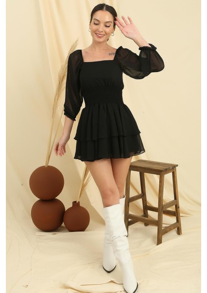 Kare Yaka Beli Gipeli Astarlı Kat Kat Şifon Elbise fiyatları