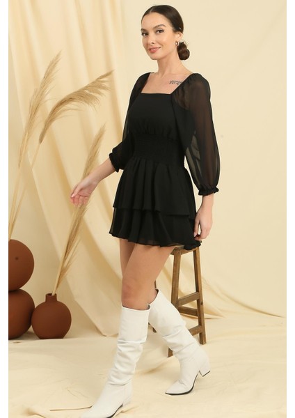 Kare Yaka Beli Gipeli Astarlı Kat Kat Şifon Elbise modelleri