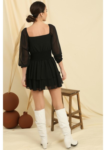 Kare Yaka Beli Gipeli Astarlı Kat Kat Şifon Elbise fırsatları