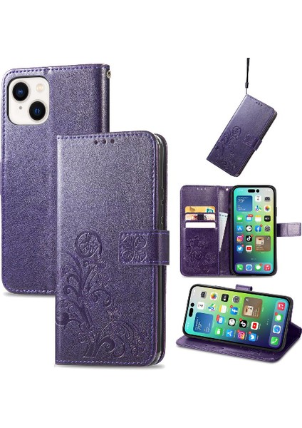 Iphone 14 Için Kılıf Artı Kapak Kapak Kısa Kayış Deri Kılıf Zarif Dört (Yurt Dışından)