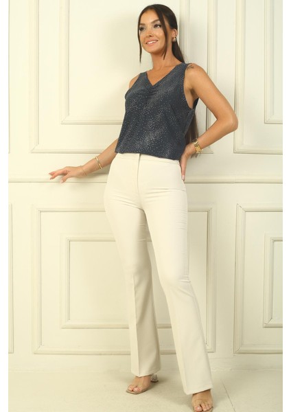 Yüksek Bel Cepli En Boy Likra Ispanyol Paça Pantolon