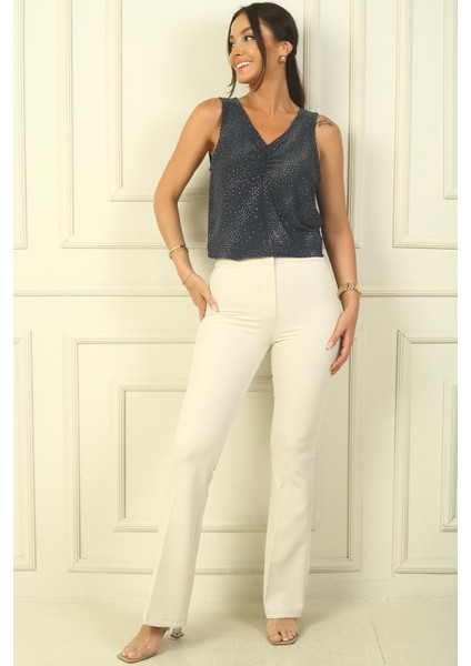 Yüksek Bel Cepli En Boy Likra Ispanyol Paça Pantolon modelleri