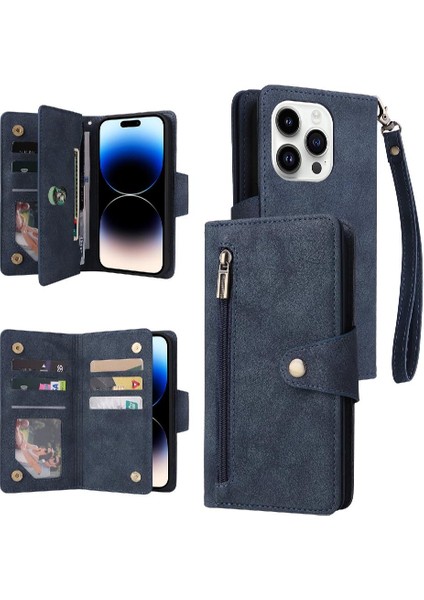 El Kayışı Fermuar ile iphone 14 Pro Kart Tutucu Manyetik Deri Kılıf (Yurt Dışından)