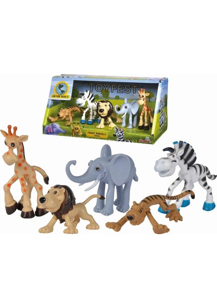 Safari 5 Li Hayvan Seti - Komik Safari Hayvanları Kaplan - Fil - Aslan - Zebra - Zürafa ( 9 - 12 Cm)