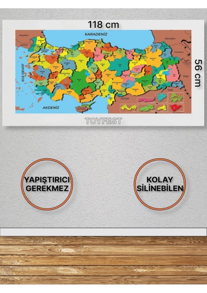 Duvara Kendiliğinden Manyetik Yapışan Yazılıp Silinebilen Renkli Türkiye Haritası 118 x 56 cm