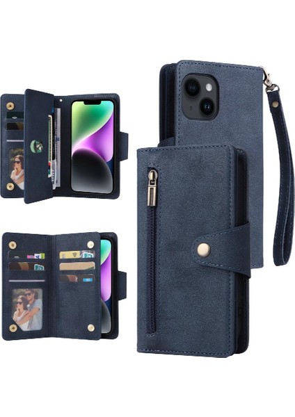 El Kayışı Fermuar Cüzdan Kapak Kart Tutucu Deri ile iphone 14 Için Kılıf (Yurt Dışından)