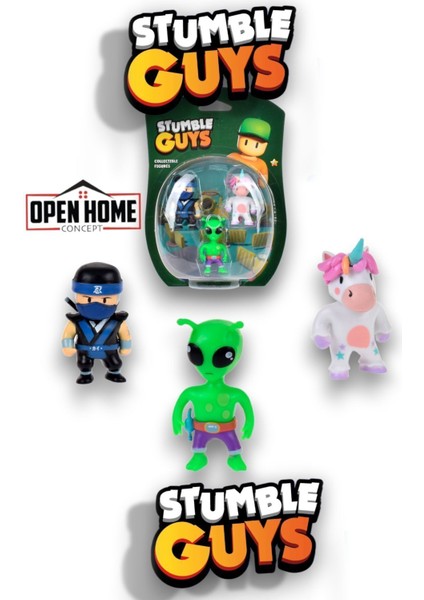 Stumble Guys 3'lü Figür - 5 cm -Green Alian-Ninja Kai-Meower- 3 Adet