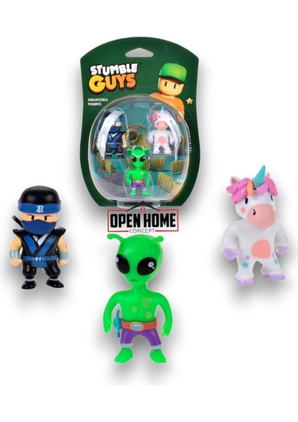 Stumble Guys 3'lü Figür - 5 cm -Green Alian-Ninja Kai-Meower- 3 Adet