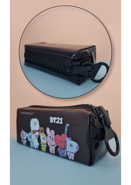Bts BT21 Temalı Dev Fermuarlı Kalemlik Şeffaf Kalem Kutusu Çantası - Siyah
