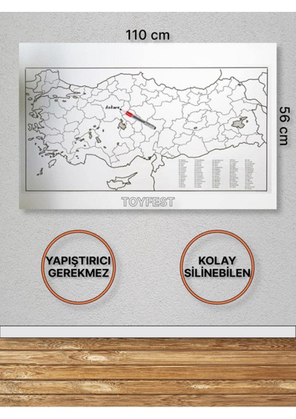 Duvara Kendiliğinden Manyetik Yapışan Yazılıp Silinebilen Türkiye Haritası 110 x 56 cm